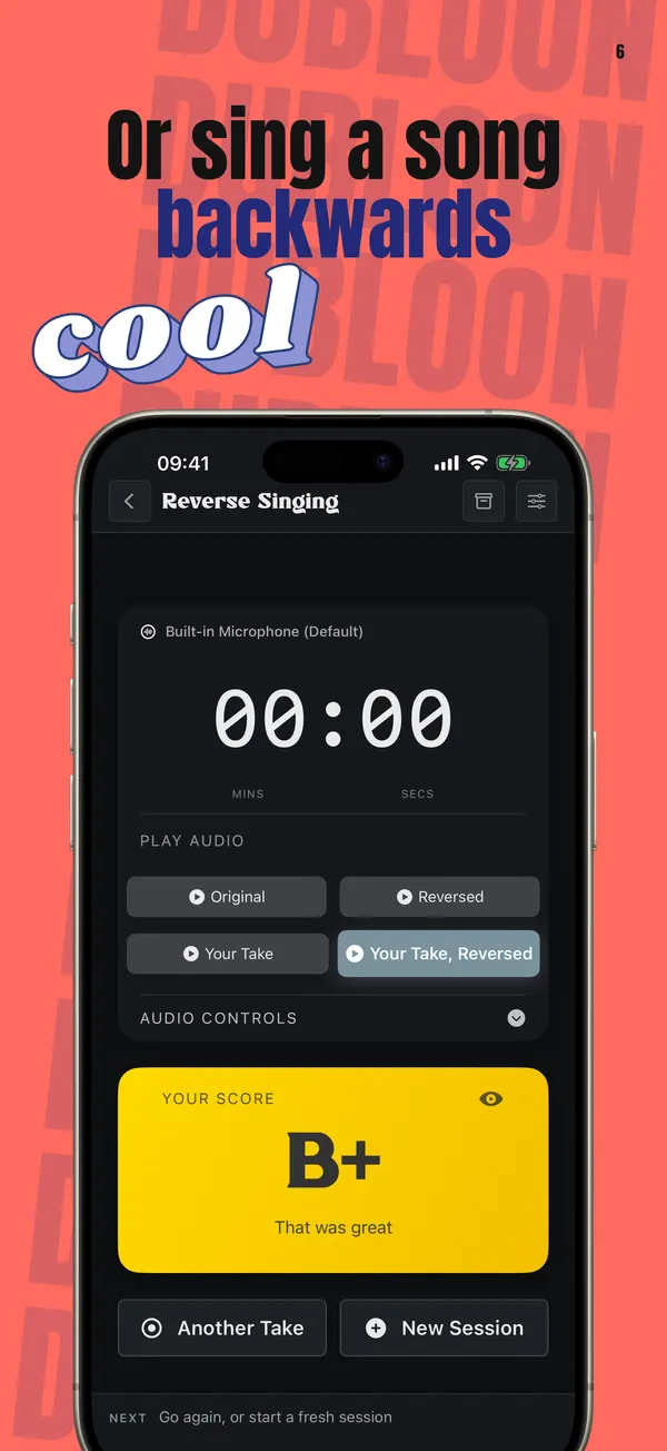 Reverse Singing on iPhone with four playback buttons and a B+ score