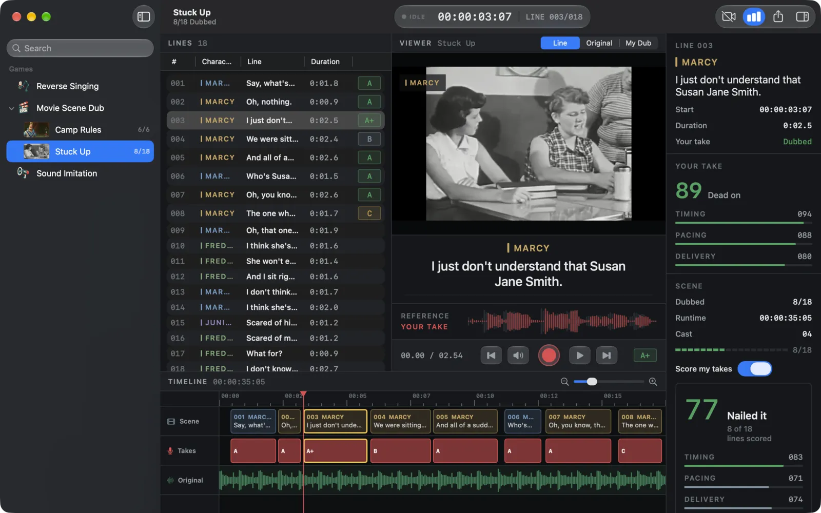Dubloon on Mac: the dub editor with a lines list, a black and white film viewer, the reference and take waveforms, a timeline of takes and a score inspector